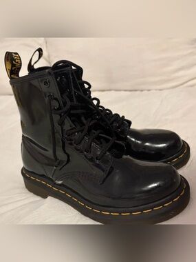 Dr. Martens Black Patent 8-Eye Lace-Up Boots with Yellow Stitching